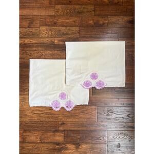 Vintage Linens - Pair of Embroidered Pillowcases - Purple Crochet Doilies